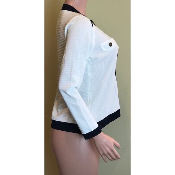 Exclusively Misook Cardigan Sweater Size PS White Navy Blue Trim Gold Buttons - Picture 5 of 9
